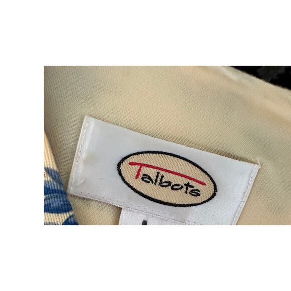 Vintage 90s Toile Print summer Dress Sheath Blue Yellow Size Medium Knee Demure - Picture 4 of 9